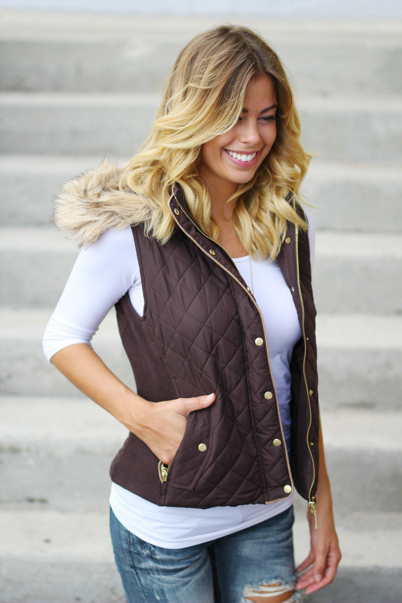 Brown Hooded Vest with Fur Trimming