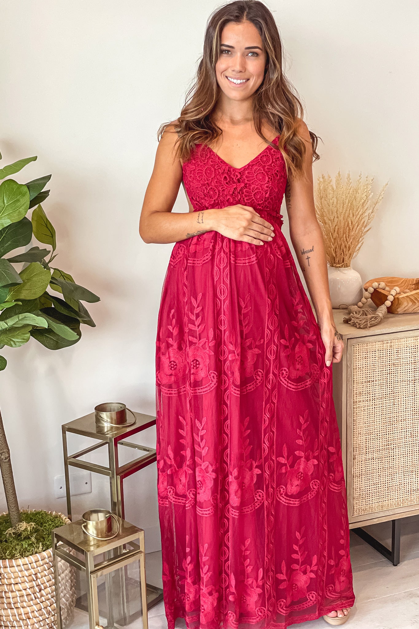 Burgundy Lace Maternity Maxi Dress with Crochet Top