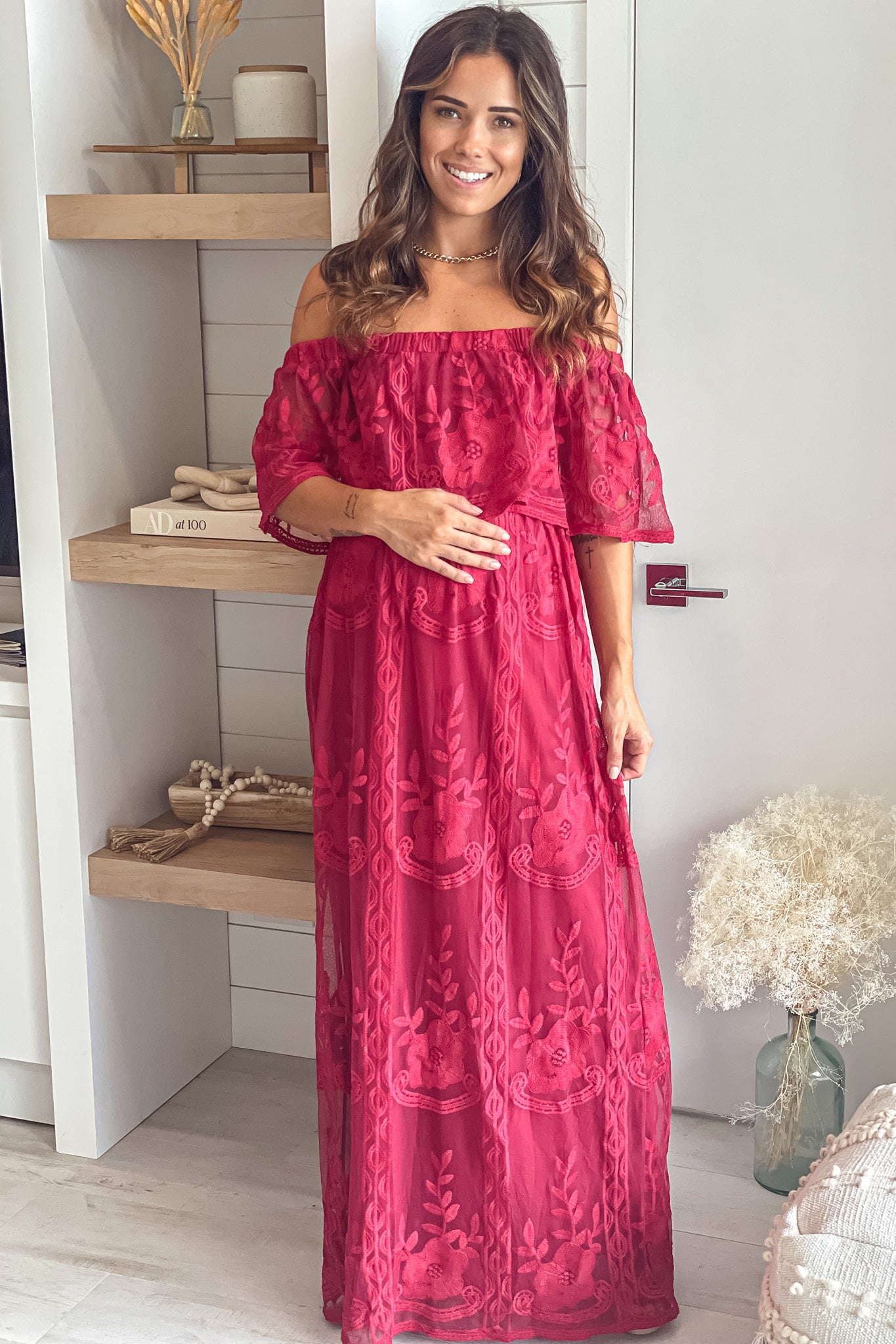 Burgundy Lace Off Shoulder Maternity Maxi Dress