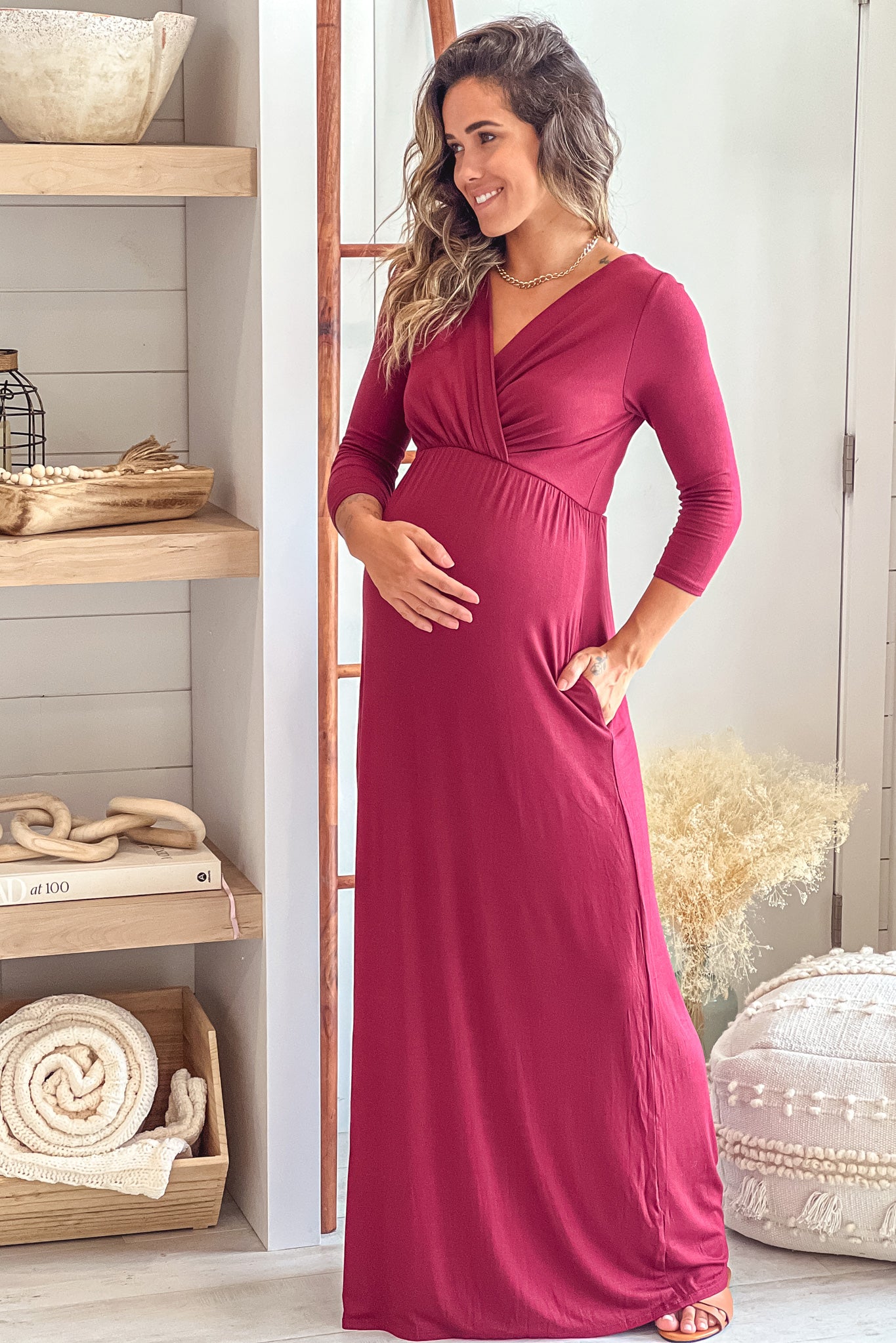Burgundy Maternity Maxi Dress with Sleeves