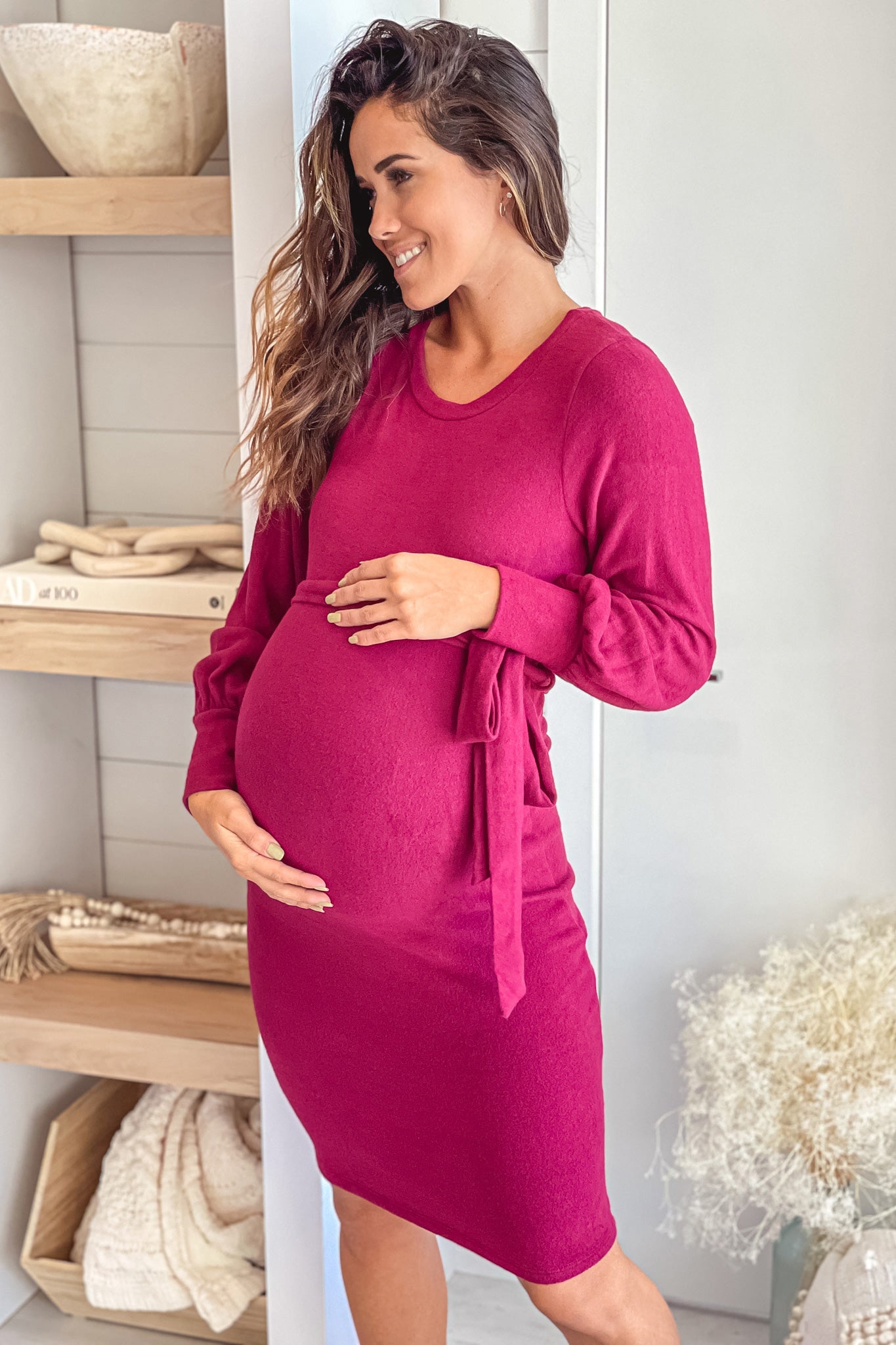 Burgundy Maternity Sweater Dress with Long Sleeve and Belt