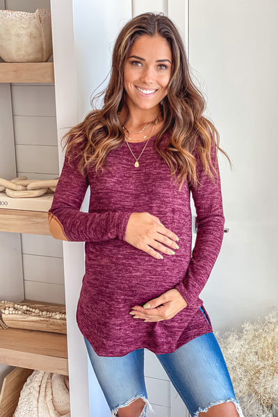 Burgundy Maternity Top with Long Sleeve and Elbow Patches