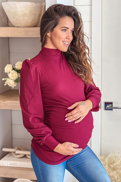Burgundy Mock Neck Maternity Top with Sleeves