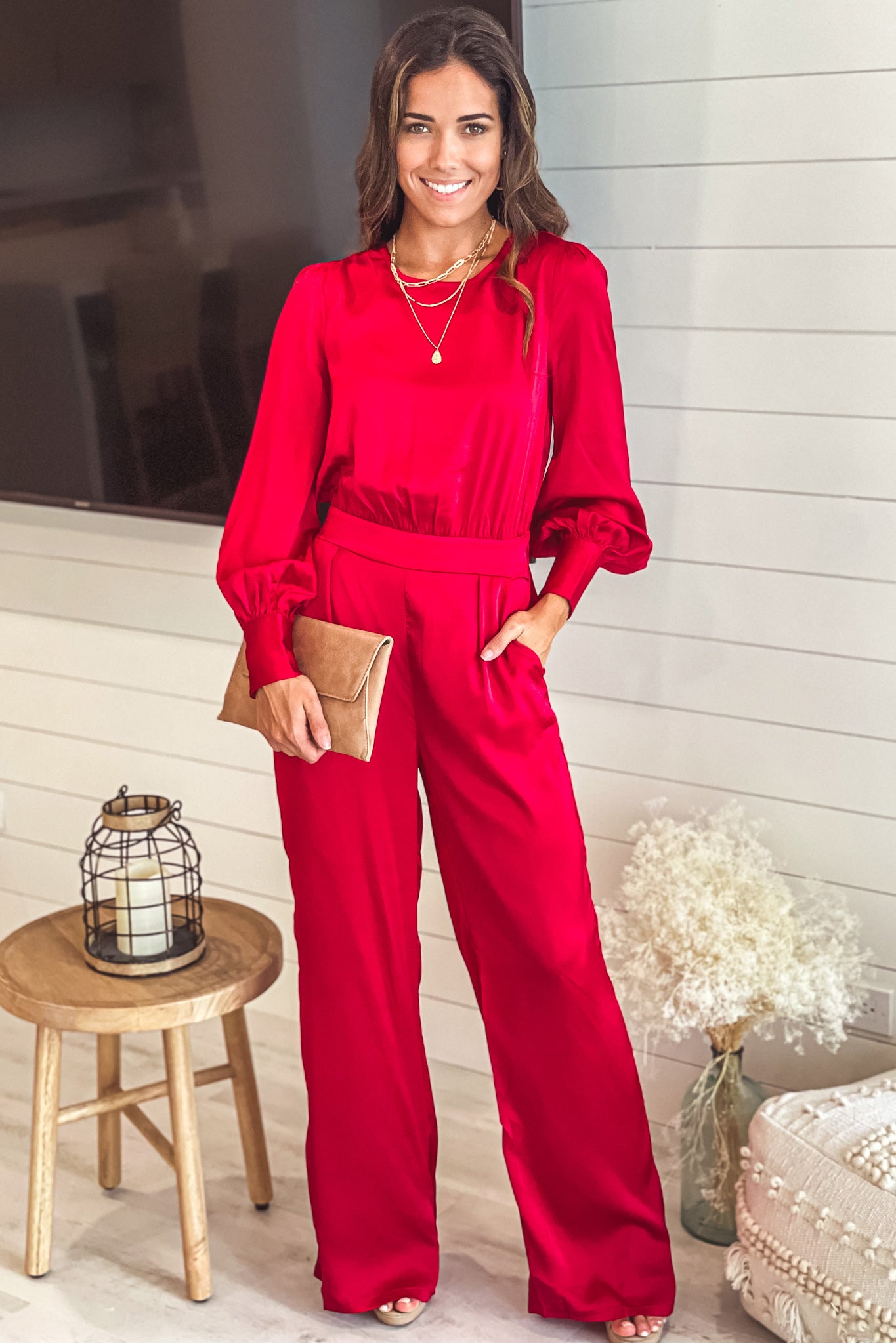 Burgundy Satin Jumpsuit With Puff Sleeves