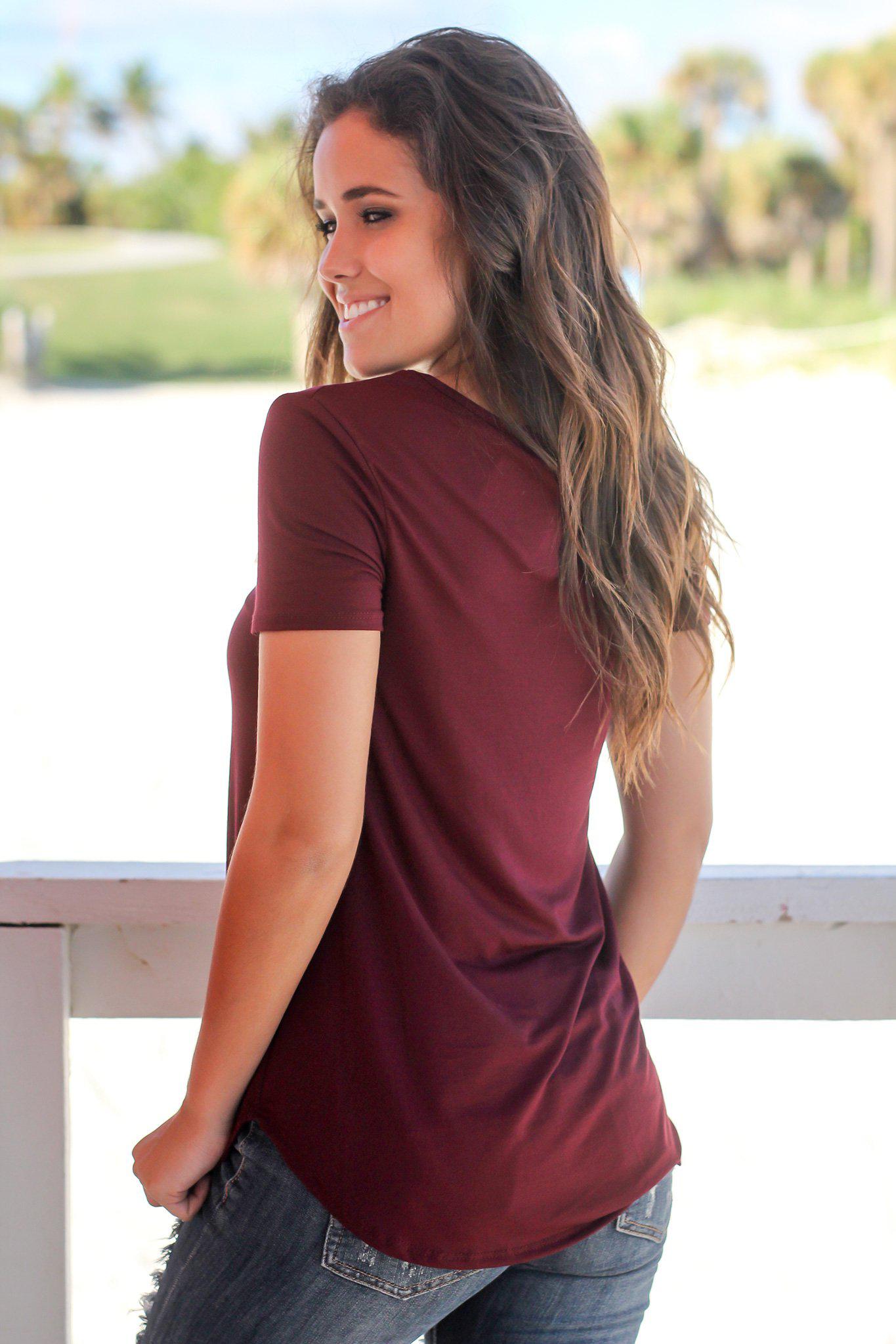 Burgundy Criss Cross Top with Short Sleeves