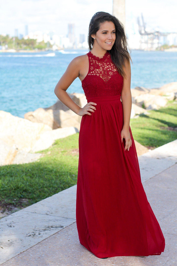 Burgundy Crochet Maxi Dress | Bridesmaid Dresses Saved by the Dress Burgundy Crochet Maxi Dress | Bridesmaid Dresses Saved by the Dress