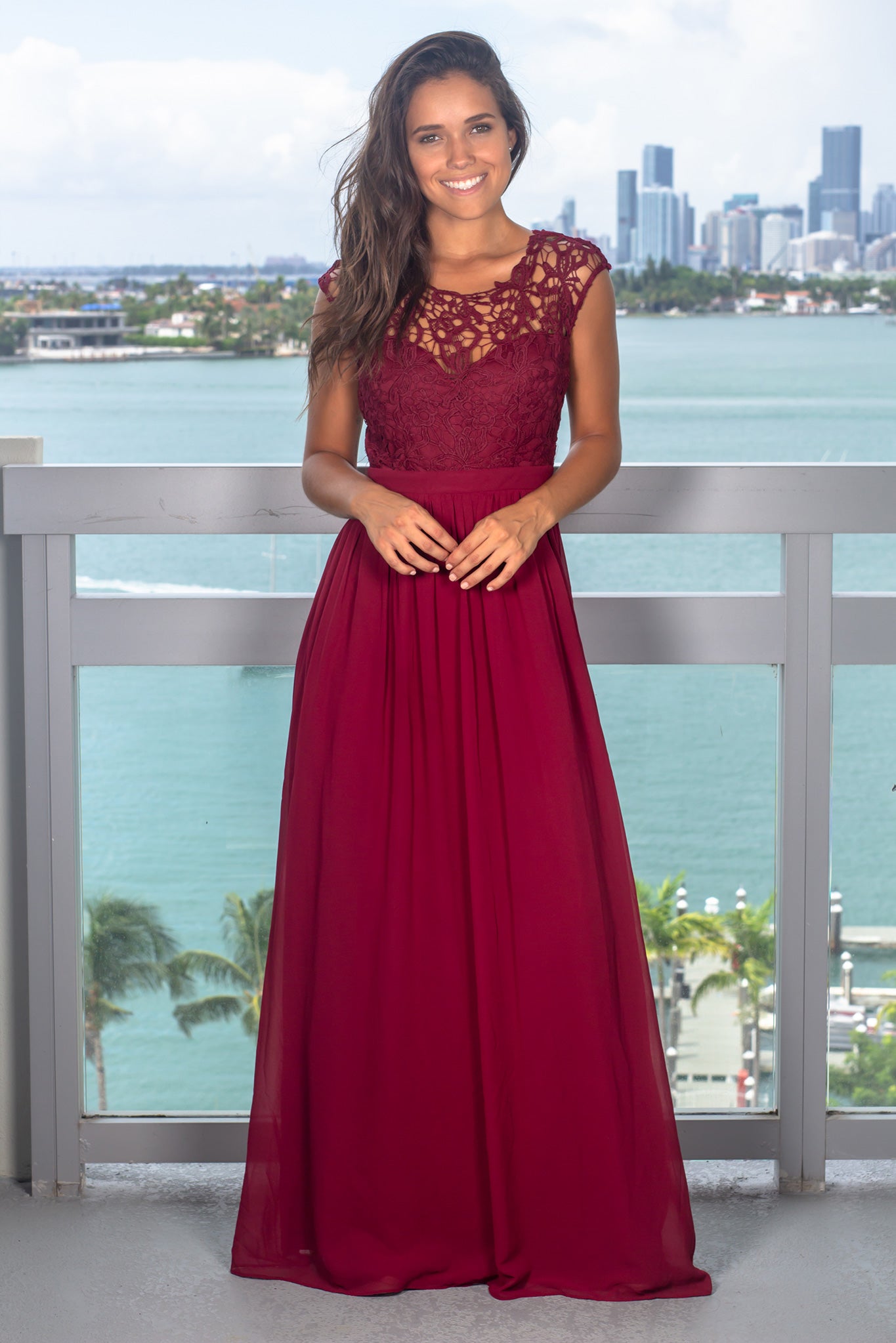 Burgundy Crochet Maxi Dress with Tulle Back | Maxi Dresses – Saved by ...