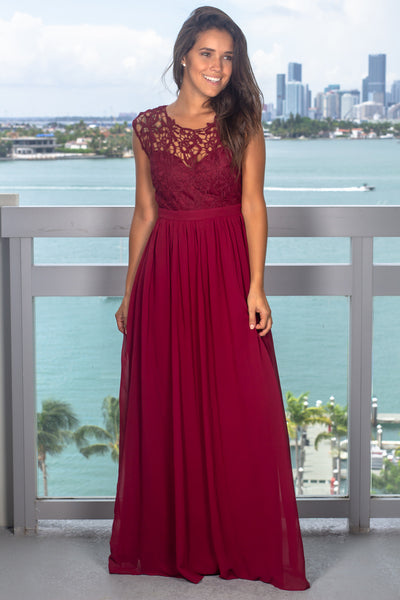 Burgundy Crochet Maxi Dress with Tulle Back