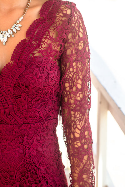 Burgundy Crochet Short Dress with Long Sleeves
