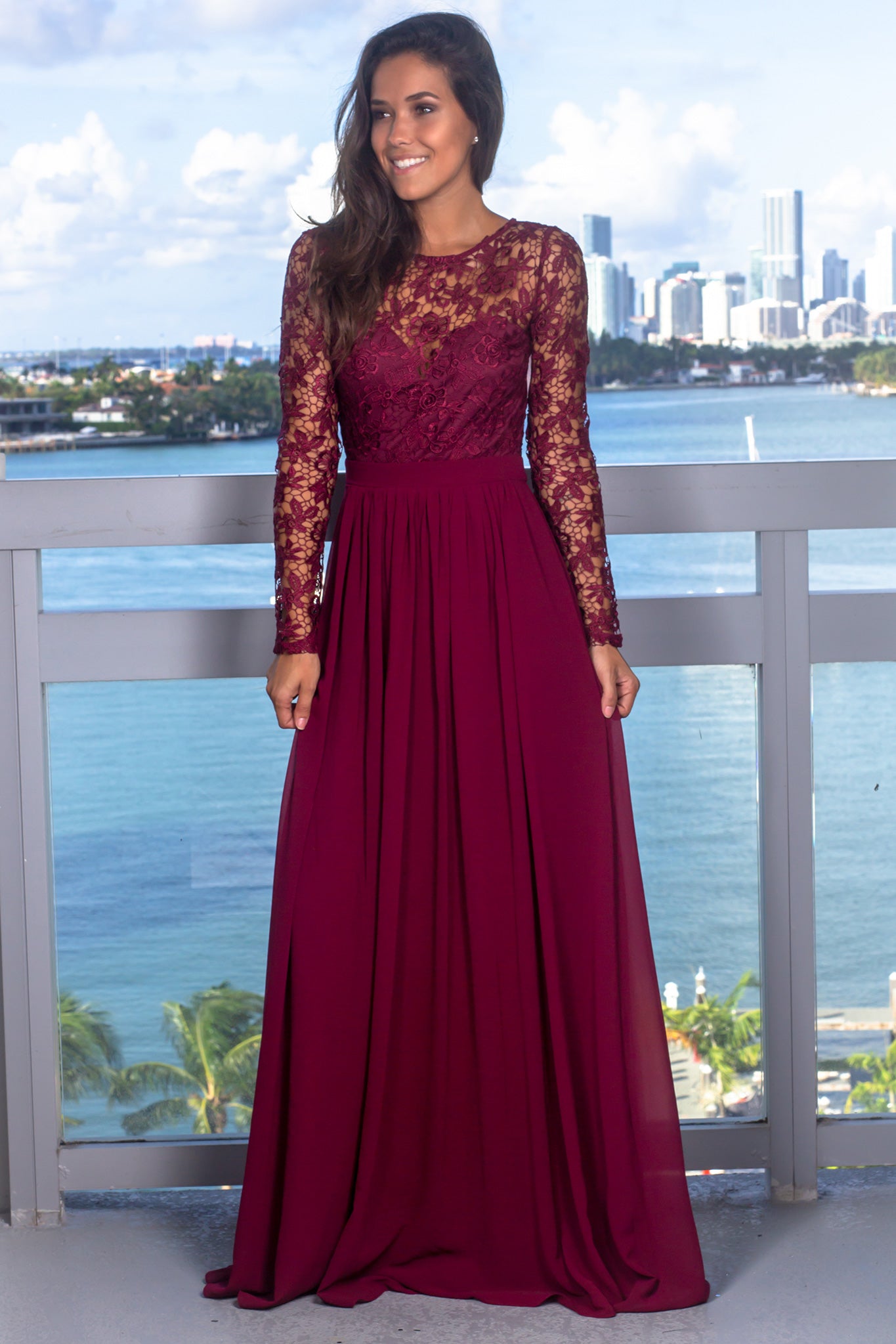 Burgundy Crochet Top Maxi Dress with Lace Up Back