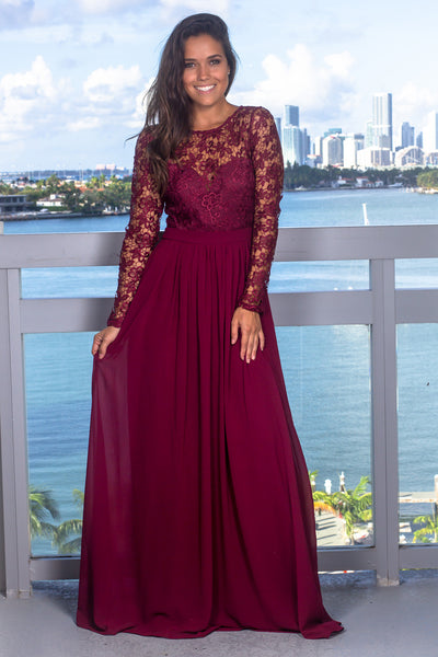 Burgundy Crochet Top Maxi Dress with Lace Up Back