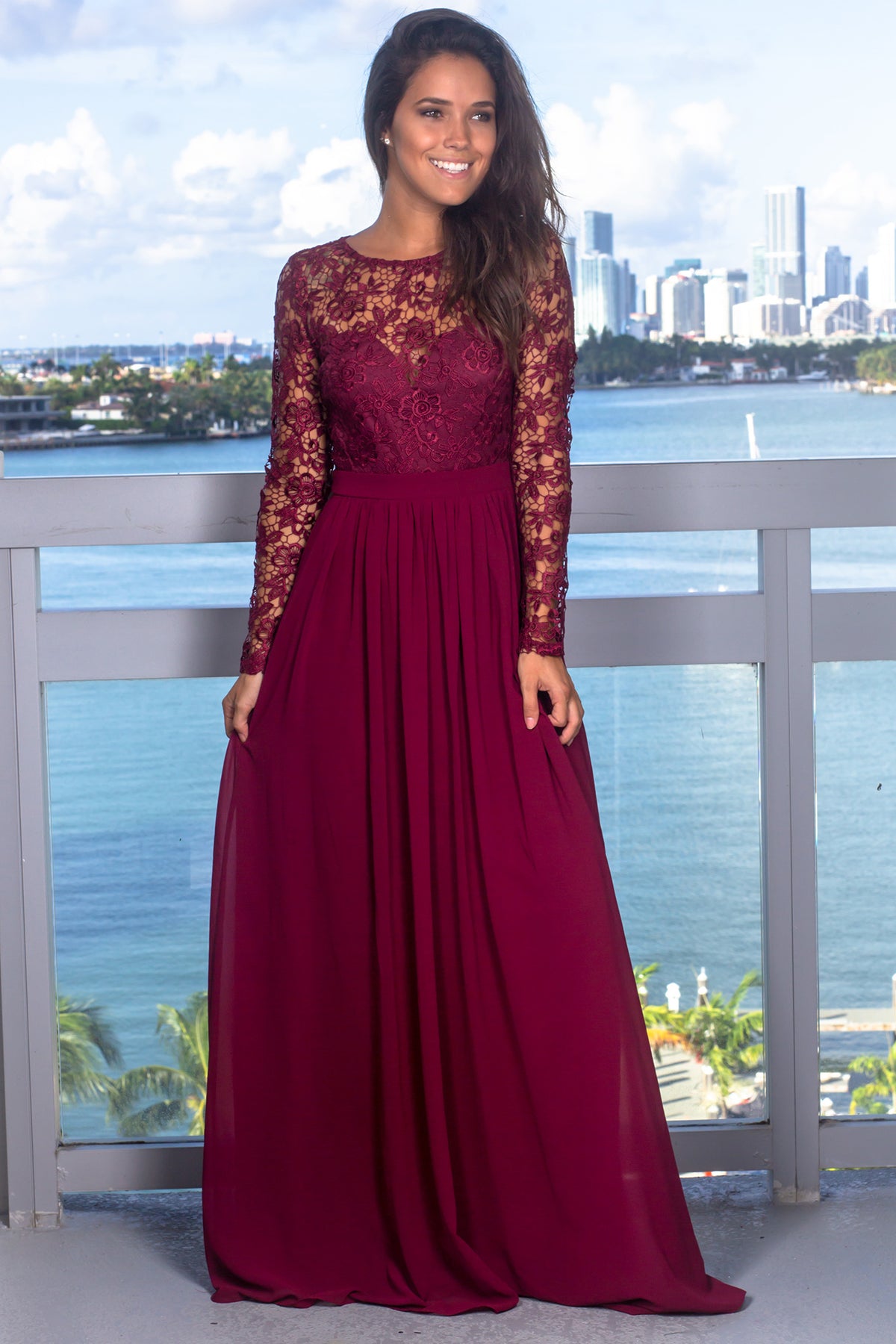 Burgundy Crochet Top Maxi Dress with Lace Up Back | Maxi Dresses ...
