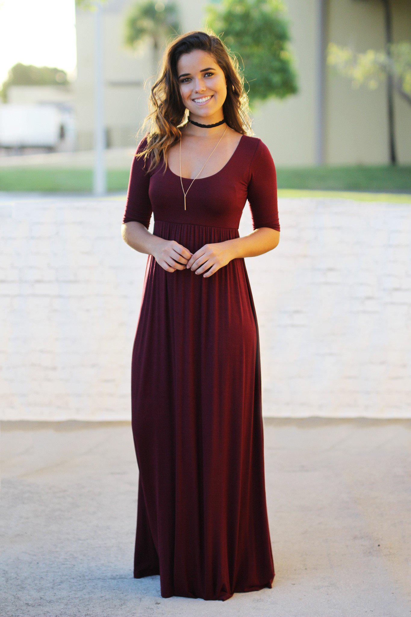 Burgundy Maxi Dress with Mid-Sleeves | Burgundy Maxi Dress | Dress Saved by the Dress Burgundy Maxi Dress with Mid-Sleeves | Burgundy Maxi Dress | Dress Saved by the Dress