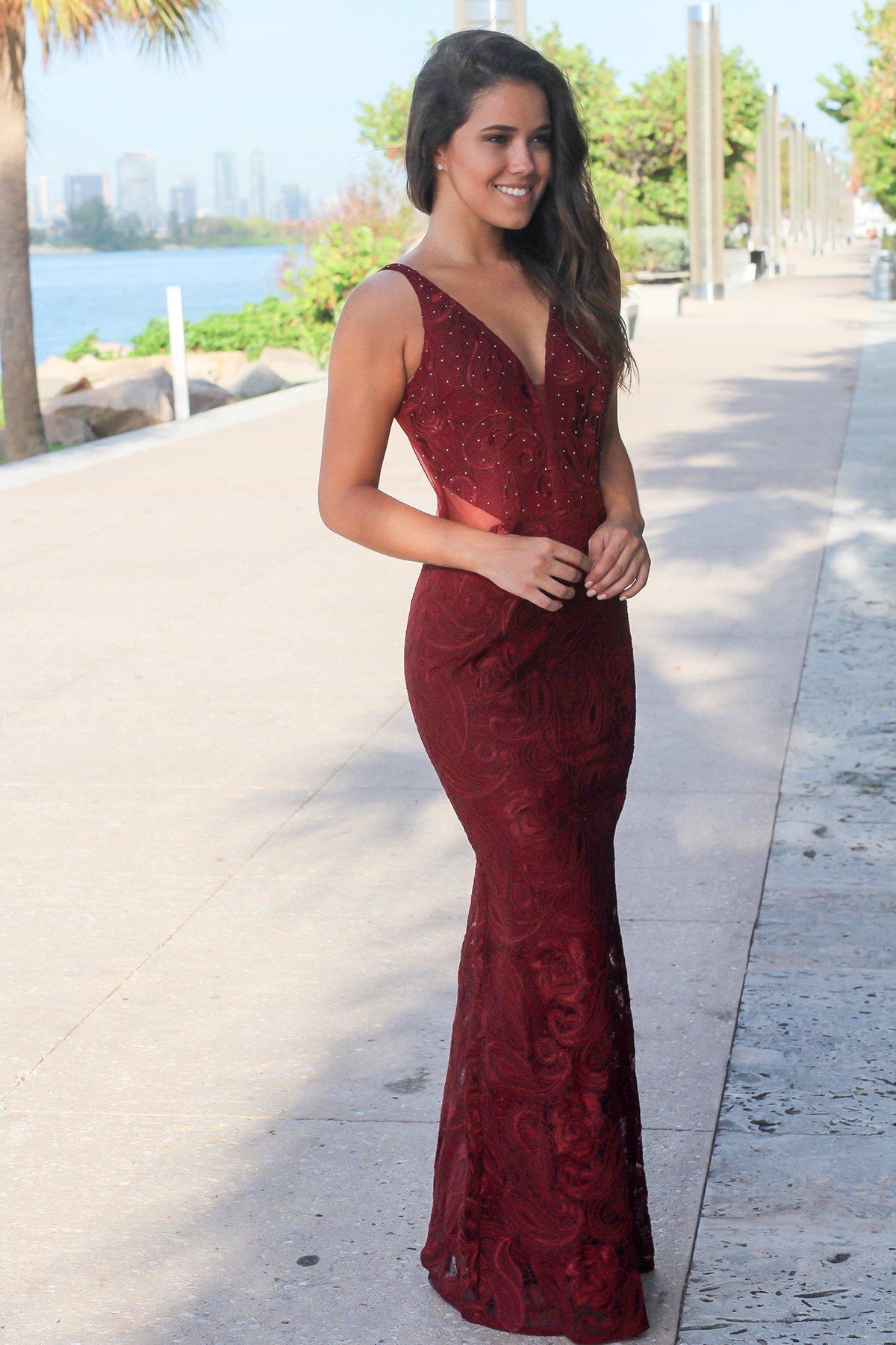 Burgundy Lace Maxi Dress with Mesh Back | Formal Dresses Saved by the Dress Burgundy Lace Maxi Dress with Mesh Back | Formal Dresses Saved by the Dress