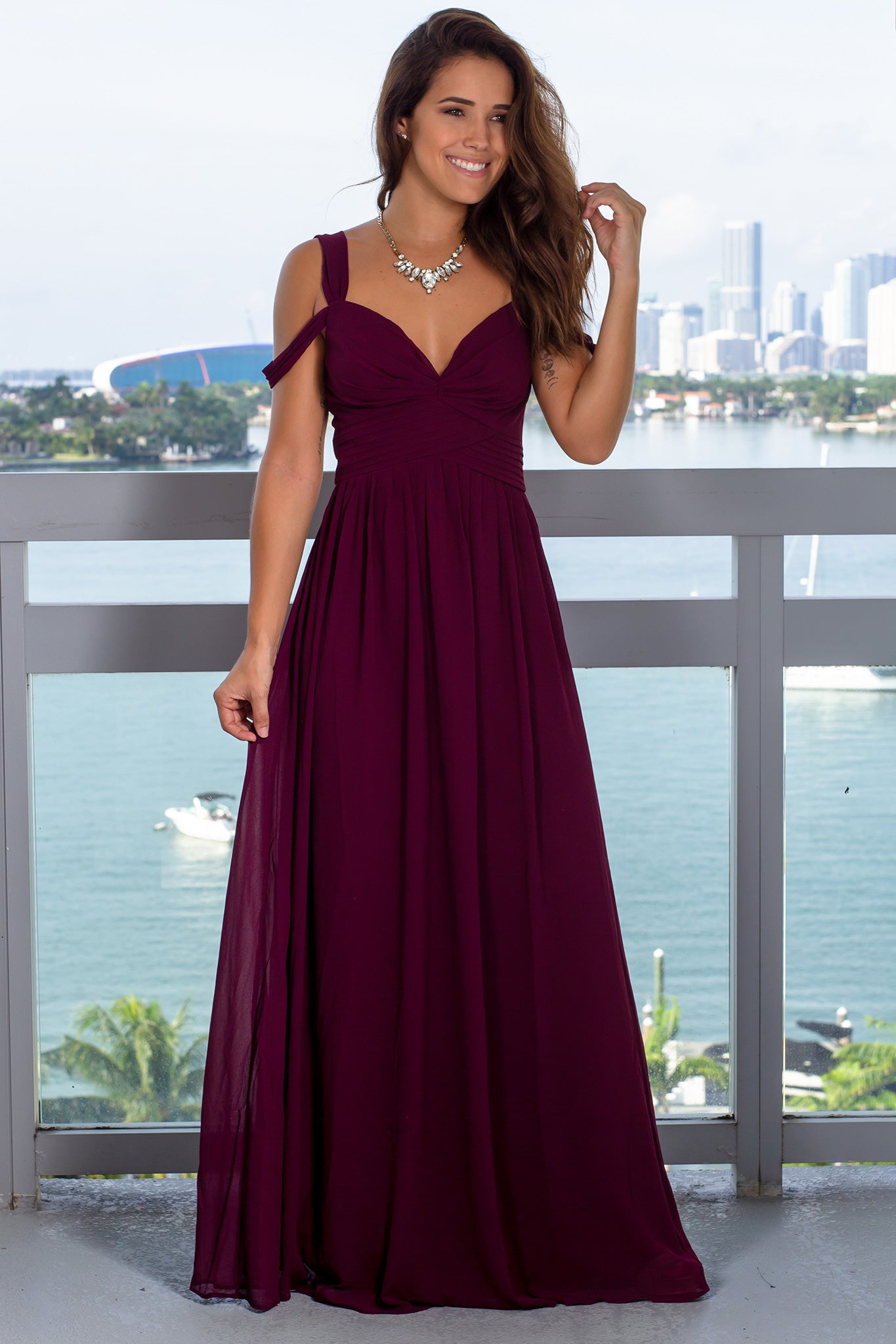 Burgundy Off Shoulder Maxi Dress with Pleats