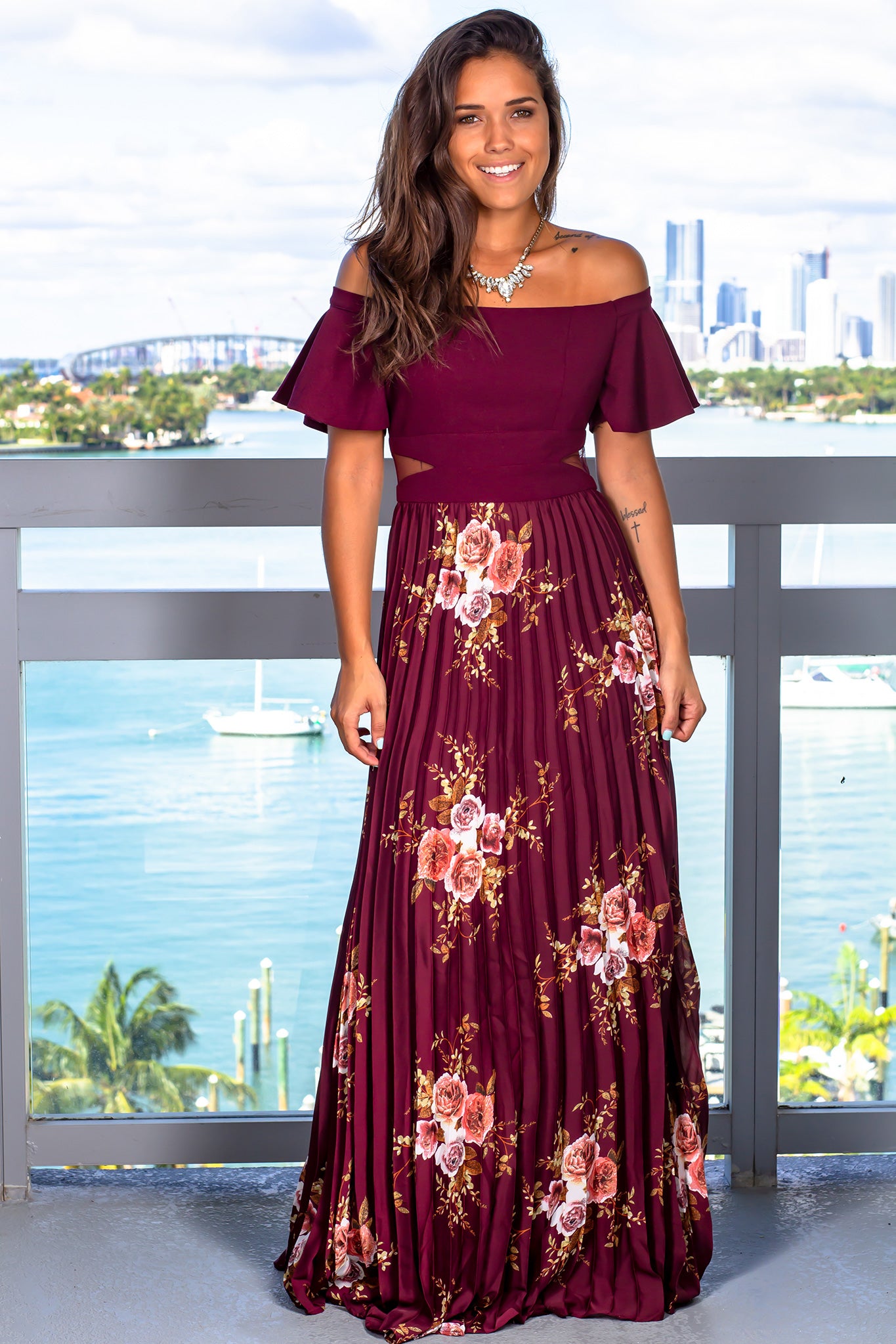 Burgundy Floral Pleated Maxi Dress with Ruffle Sleeves