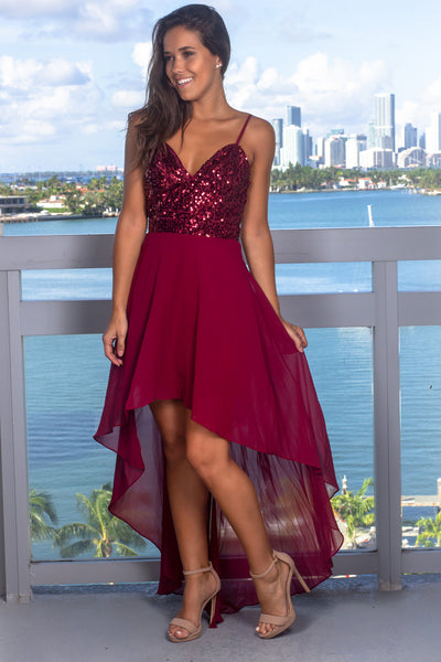 Burgundy High Low Dress with Sequin Top
