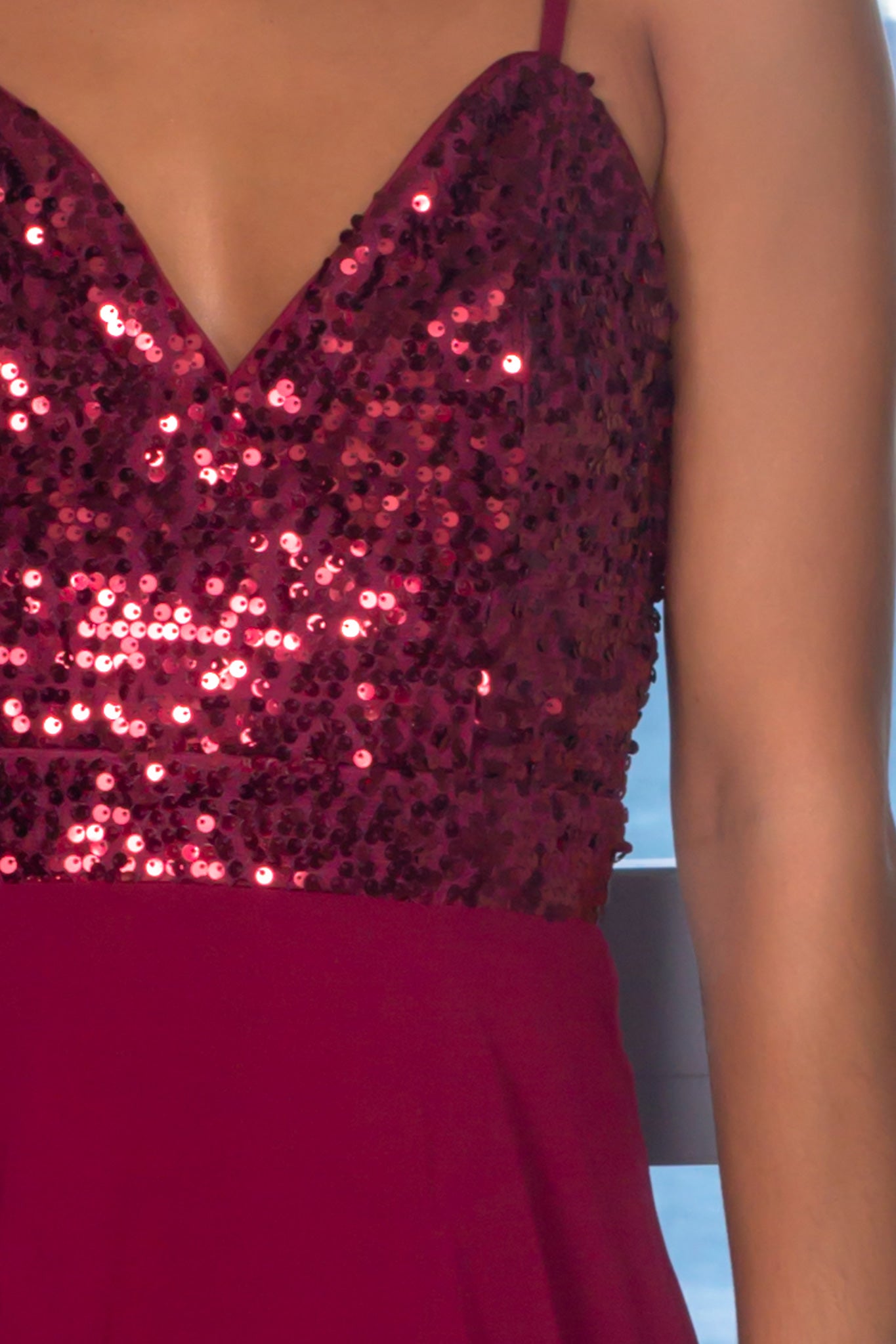 Burgundy High Low Dress with Sequin Top