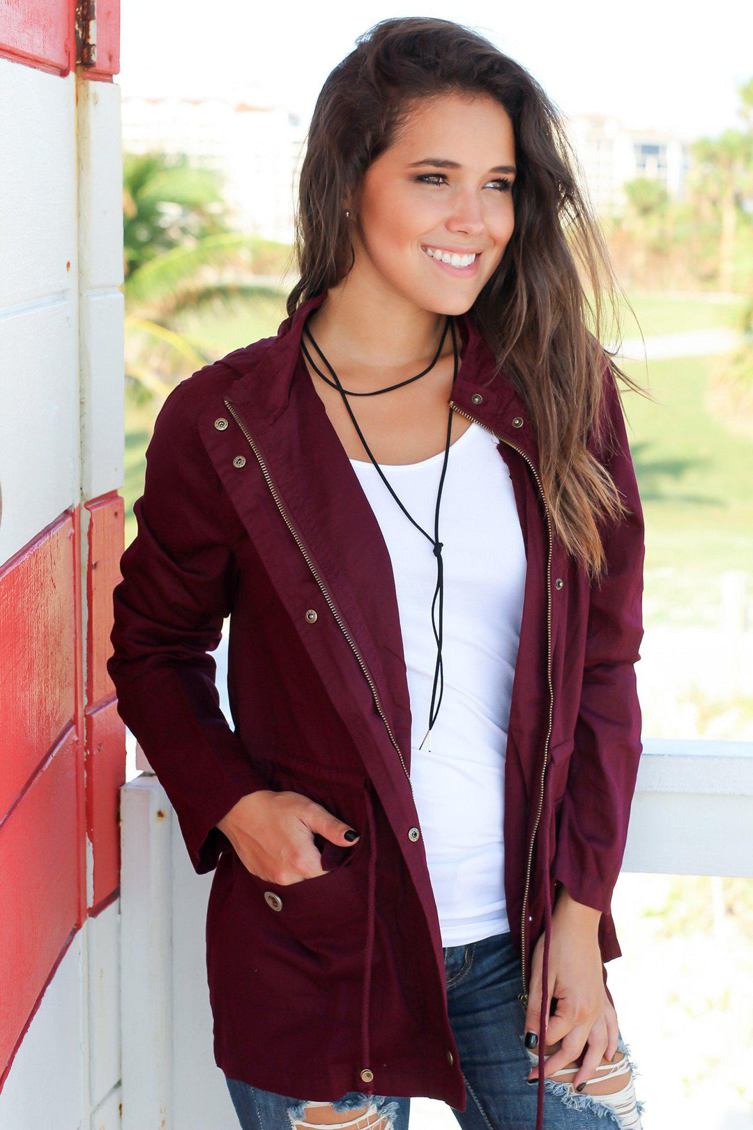 Burgundy Jacket with Hood Jackets Saved by the Dress