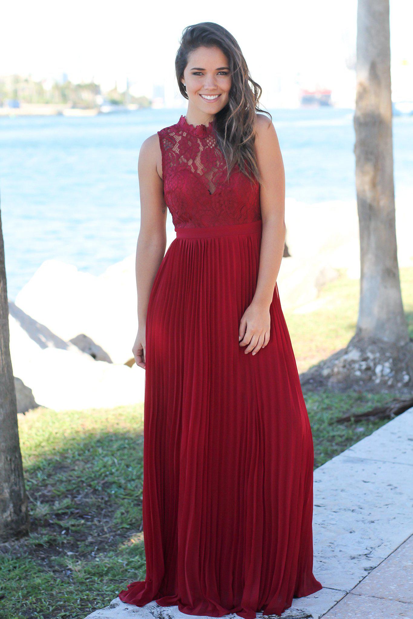 Burgundy Lace Maxi Dress with Pleated Skirt