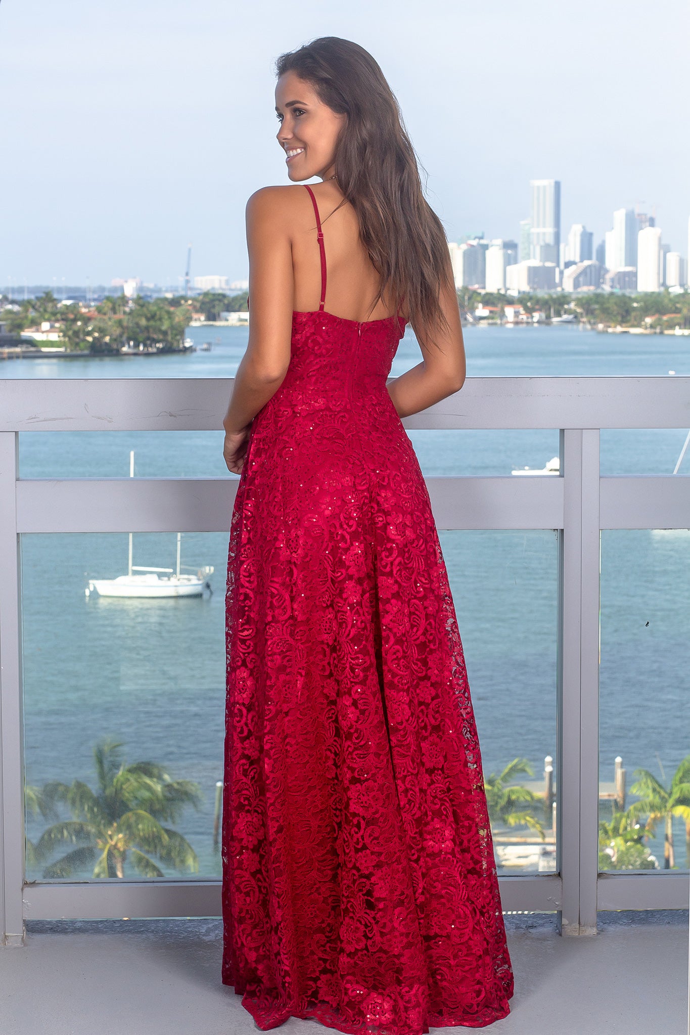 Burgundy Lace Maxi Dress with Sequins
