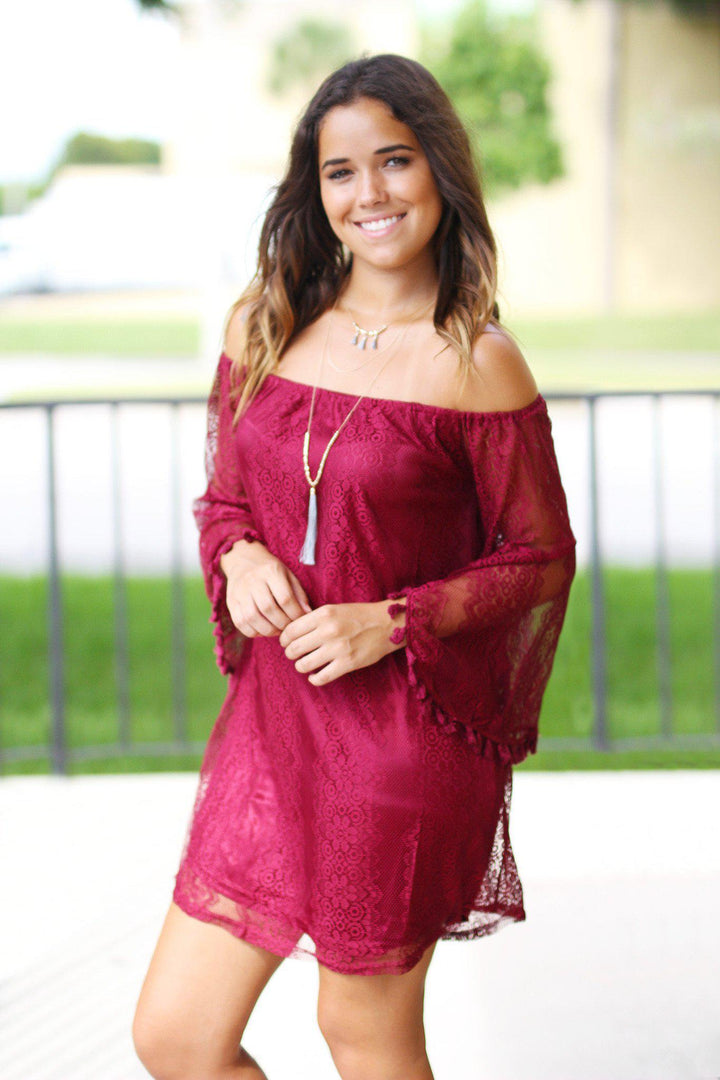 red lace off the shoulder mini dress Wine Lace Off Shoulder Short Dress – Saved by the Dress