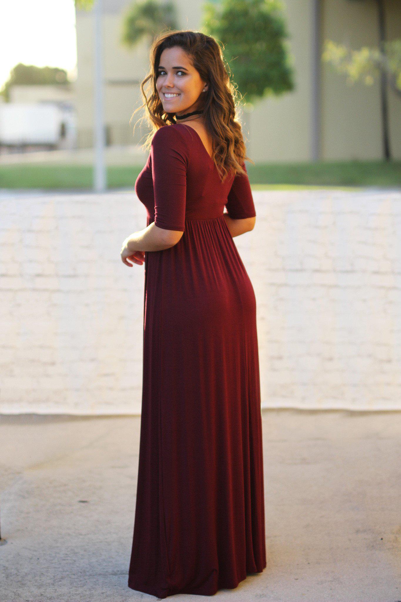 Burgundy Maxi Dress with Mid-Sleeves | Burgundy Maxi Dress | Dress Saved by the Dress Burgundy Maxi Dress with Mid-Sleeves | Burgundy Maxi Dress | Dress Saved by the Dress