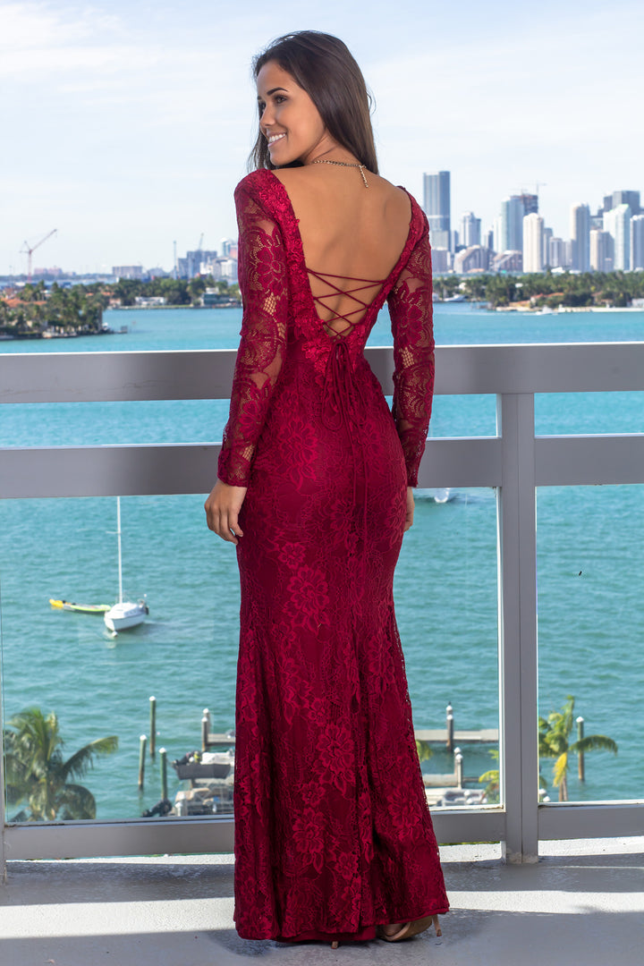 lace maxi dress maroon Burgundy Lace Maxi Dress with Strappy Back