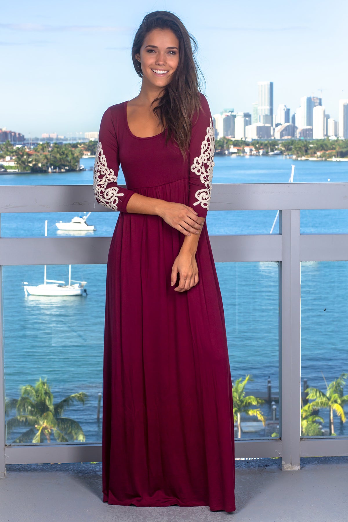 Burgundy Maxi Dress with 3/4 Sleeves and Crochet Detail | Maxi Dresses ...