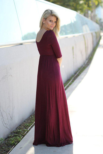 Burgundy Maxi Dress with 3/4 Sleeves