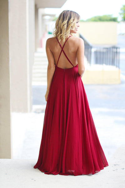 burgundy crisscross back maxi dress