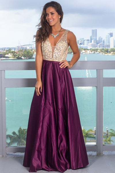 Burgundy Maxi Dress with Sequin Top