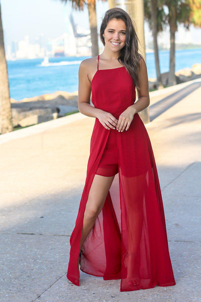 Burgundy Maxi Romper with Criss Cross Back