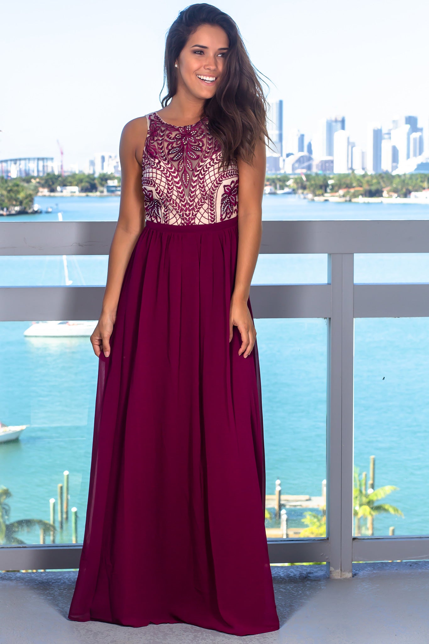 Burgundy Mesh Top Maxi Dress with Sequins