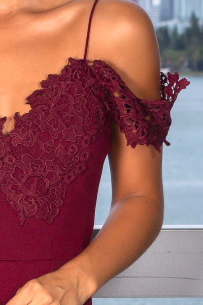 Burgundy Off Shoulder Maxi Dress with Crochet Detail and Side Slit