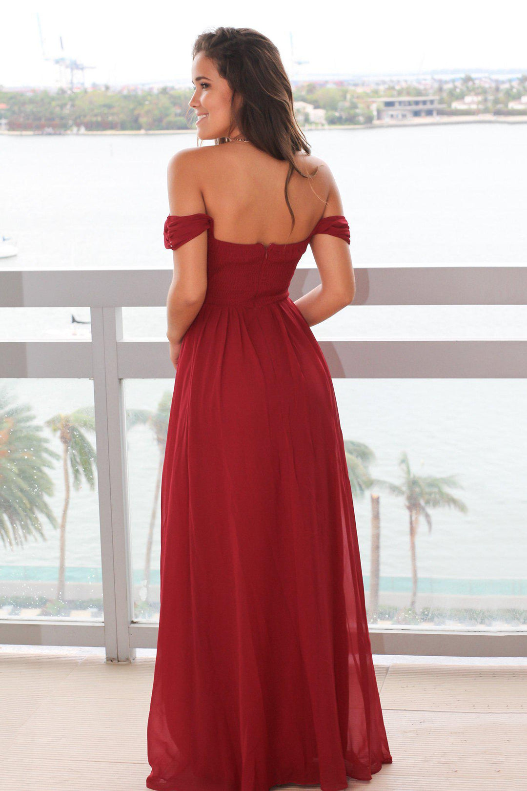 off the shoulder t shirt maxi dress Burgundy Off Shoulder Maxi Dress with Pleated Top