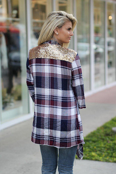 Burgundy Plaid Cardigan With Sequin Back