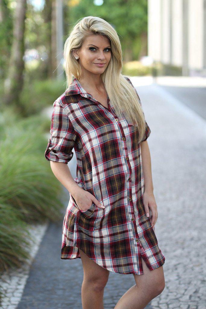 Burgundy Plaid Shirt Dress with Pockets Plaid Dress – Saved by
