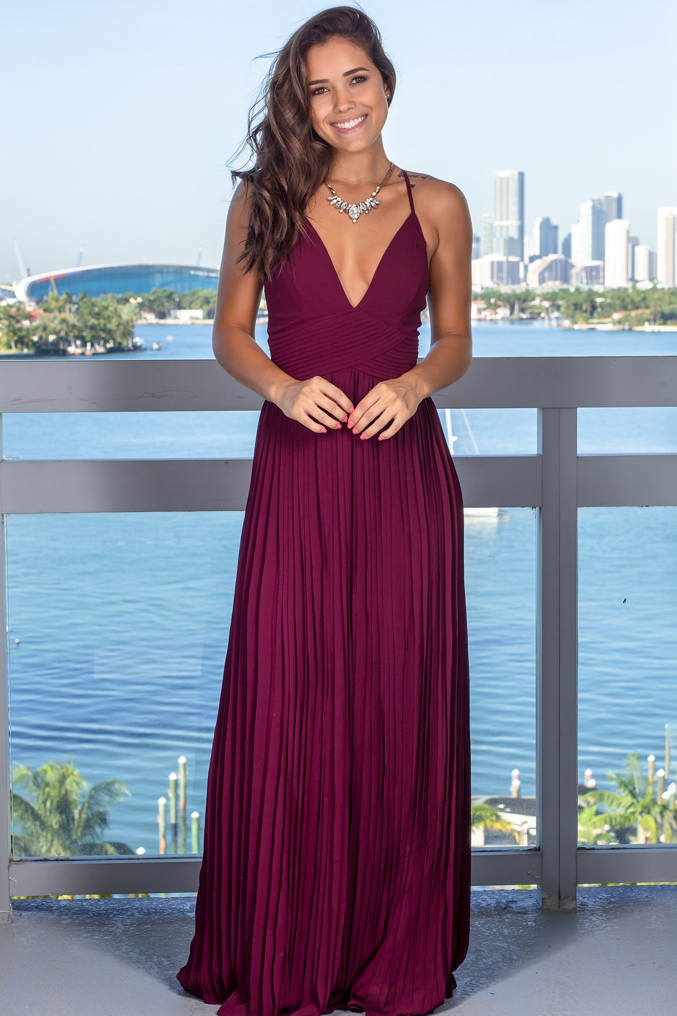 Burgundy Pleated Maxi Dress with Criss Cross Back