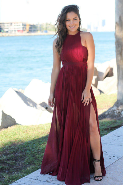 Burgundy Pleated Maxi Dress with Side Slits