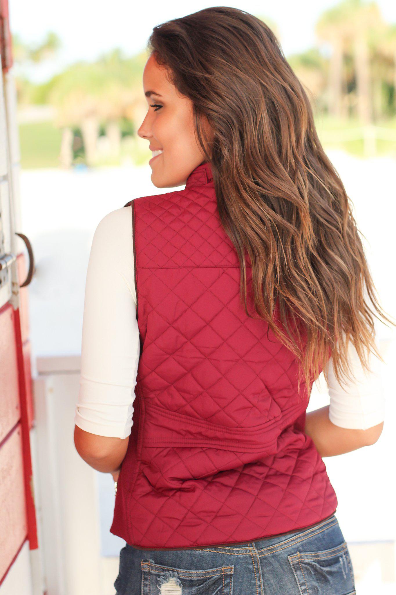 Burgundy Quilted Vest With Pockets
