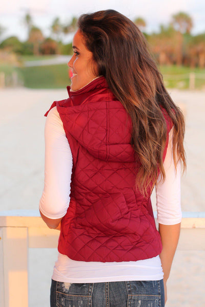 Burgundy Quilted Vest with Fur Collar
