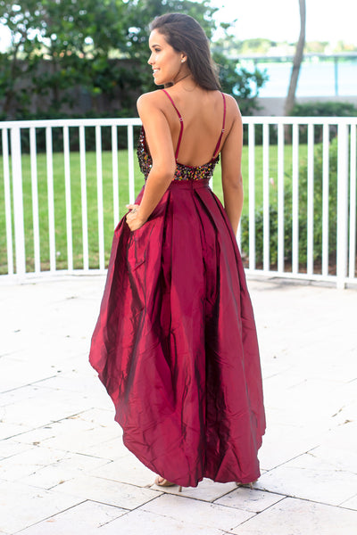 Burgundy Sequin Top High Low Dress