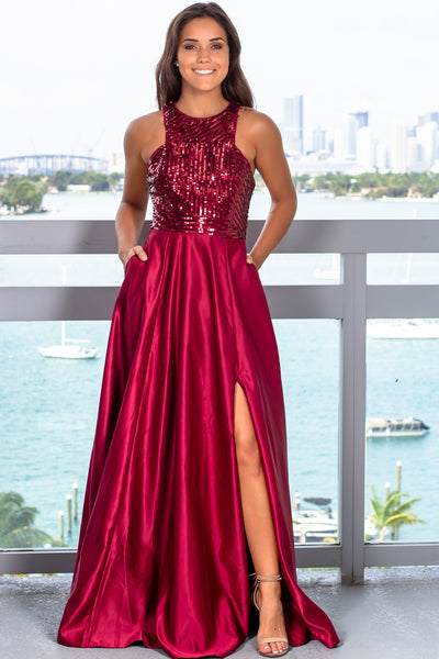 Burgundy Sequin Top Maxi Dress with Pockets