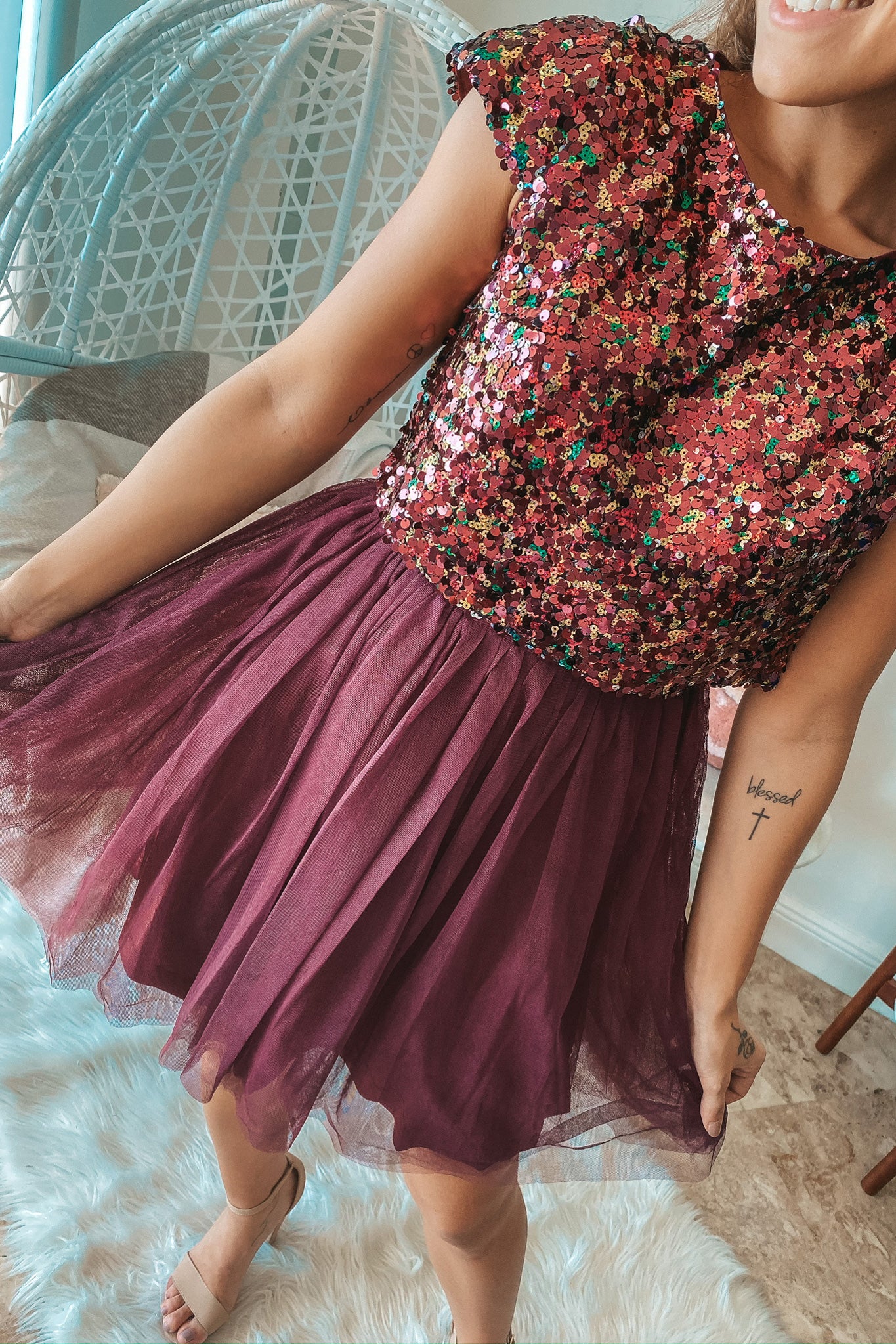 Burgundy Sequin Top Short Dress with Tulle Bottom