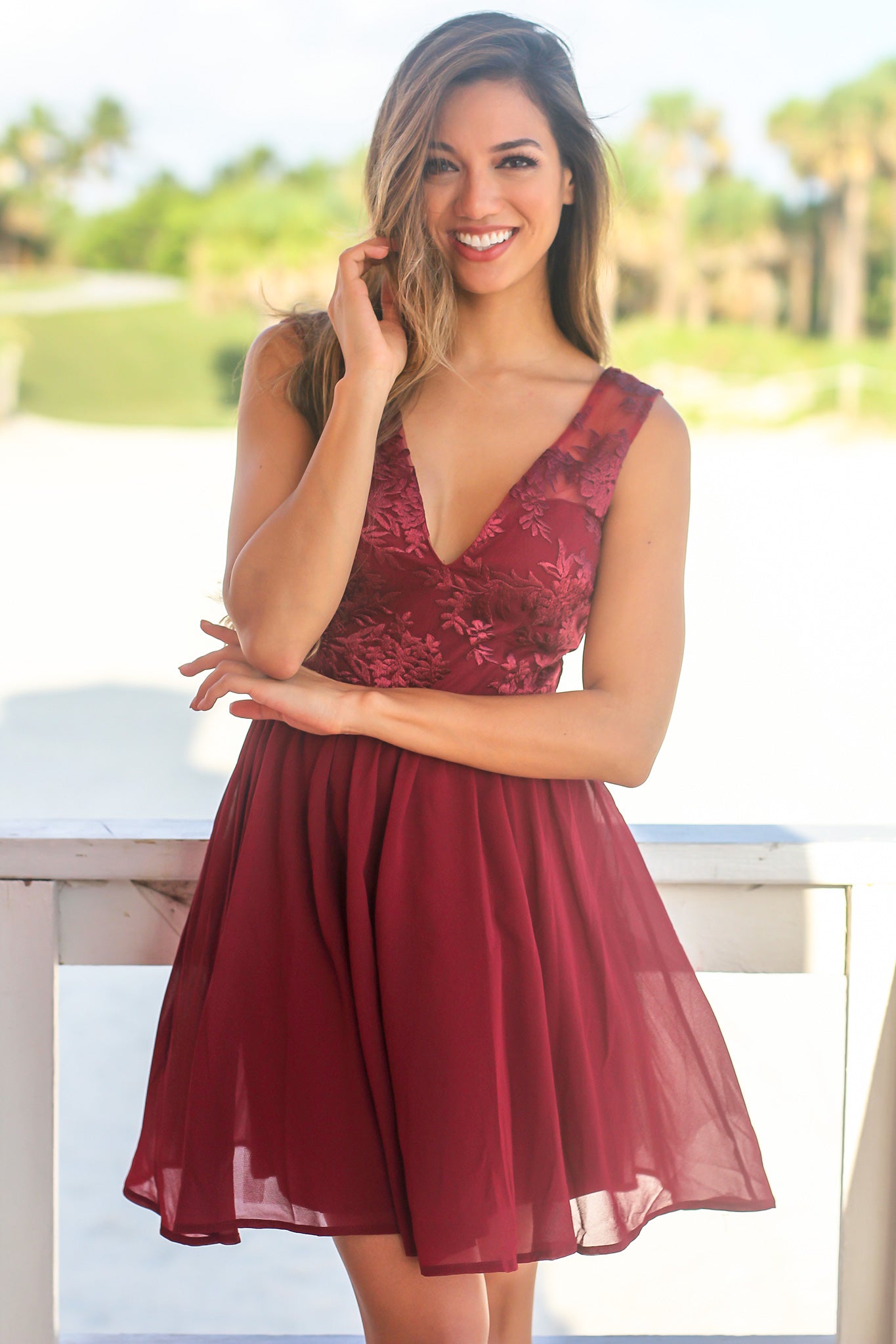Burgundy Short Dress with Embroidered Top