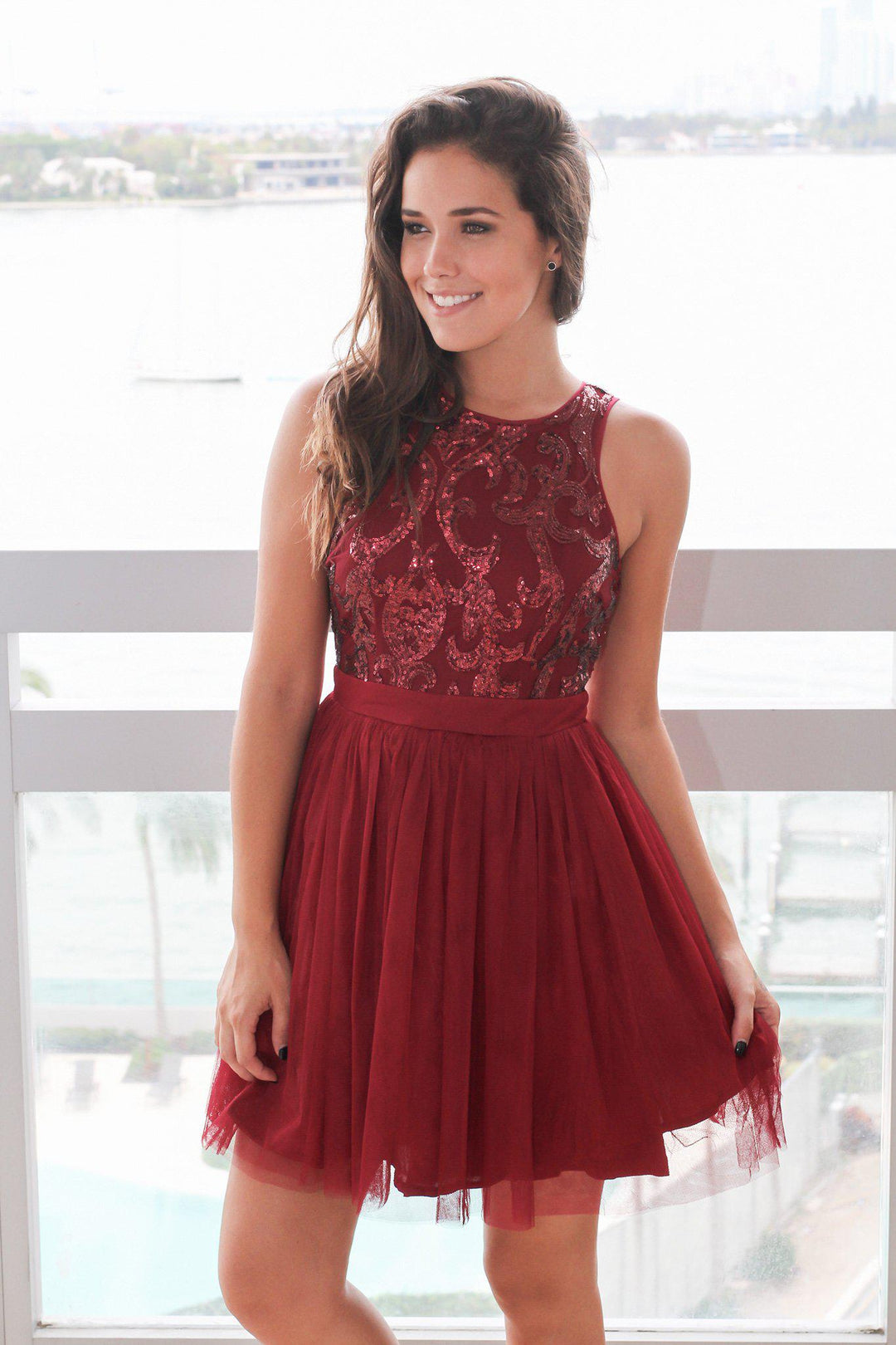 burgundy short evening dress Burgundy Short Dress with Sequin Top