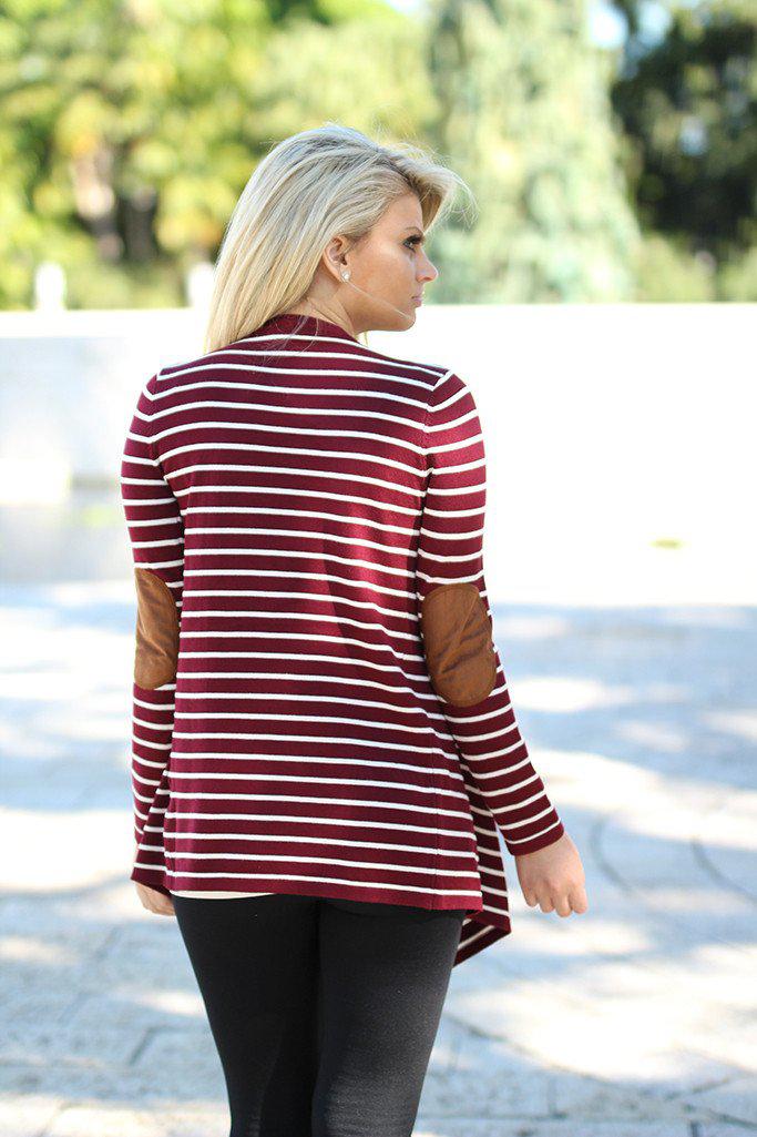 Burgundy Striped Cardigan with Elbow Patches