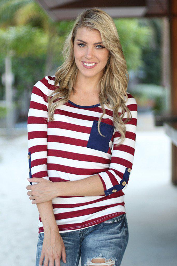 Burgundy Striped Top With Buttons
