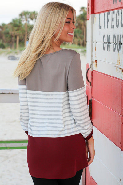 Burgundy Striped Top with 3/4 Sleeves